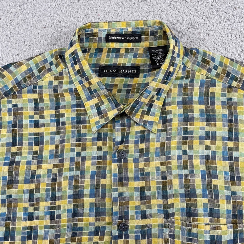 Jhane Barnes Button Down Mens M Multicolor Geometric Grid Short Sleeve Cotton